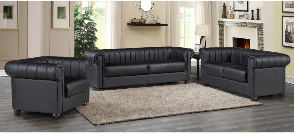 IYO CHESTERFIELD BONDED LEATHER 3+2+1 Sofa Set With Wooden Legs - BLACK
